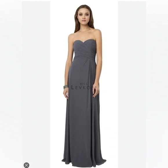 bill levkoff slate bridesmaid dresses 7054 blue chiffon long formal dress Size:54R/48W